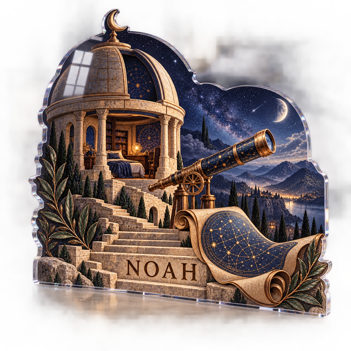Artwork visualization: Ancient observatory — bedroom statement decor, personalized NOAH, subject-shaped acrylic with printed optical 3D depth; not carved relief.