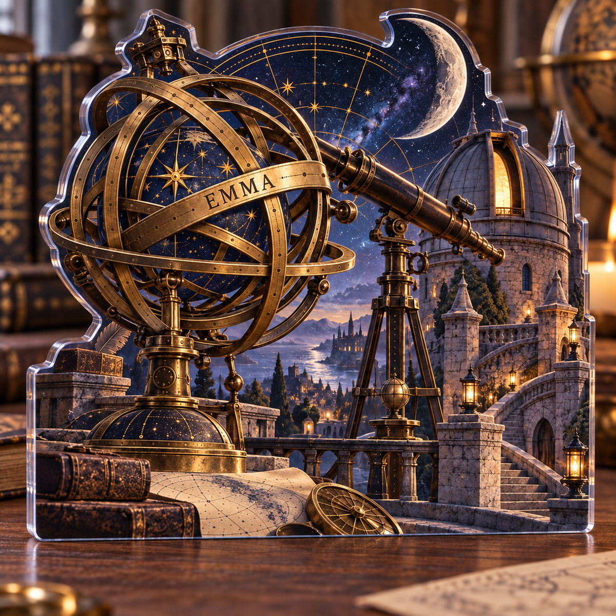 Artwork visualization: Ancient observatory — collector birthday keepsake, personalized EMMA, subject-shaped acrylic with printed optical 3D depth; not carved relief.