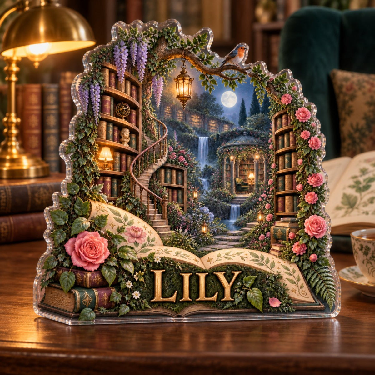 Personalized Secret Garden Library Reading Nook Decor custom shape acrylic plaque with an example name set into the artwork, digital preview