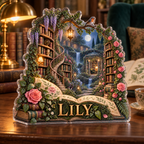 Artwork visualization: Secret garden library — reading nook decor, personalized LILY, subject-shaped acrylic with printed optical 3D depth; not carved relief.