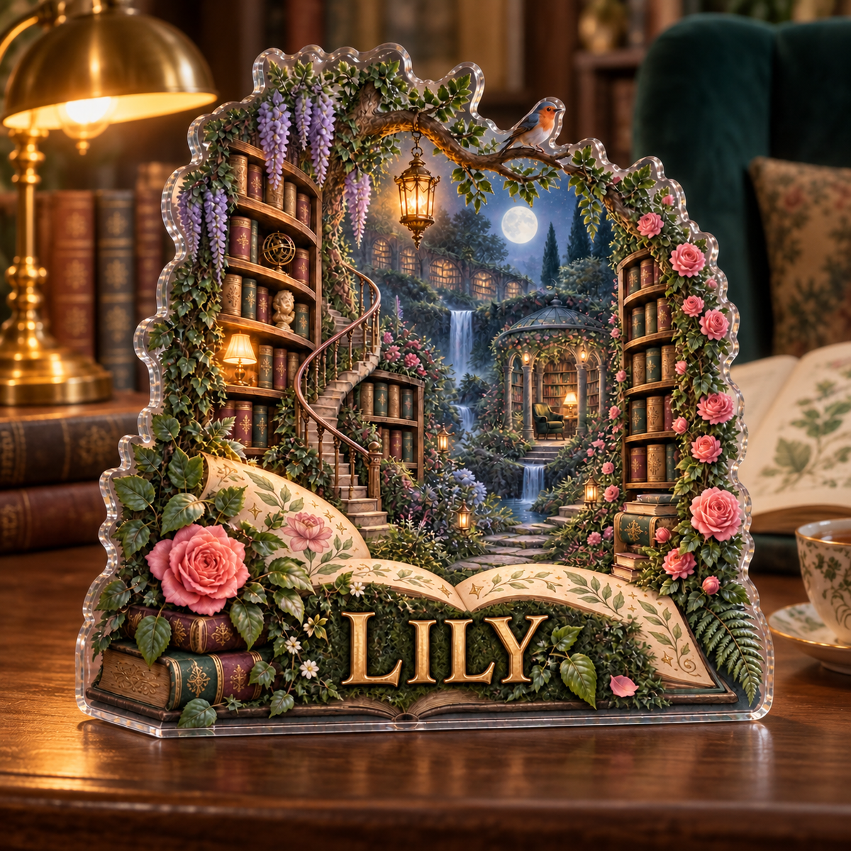 Artwork visualization: Secret garden library — reading nook decor, personalized LILY, subject-shaped acrylic with printed optical 3D depth; not carved relief.