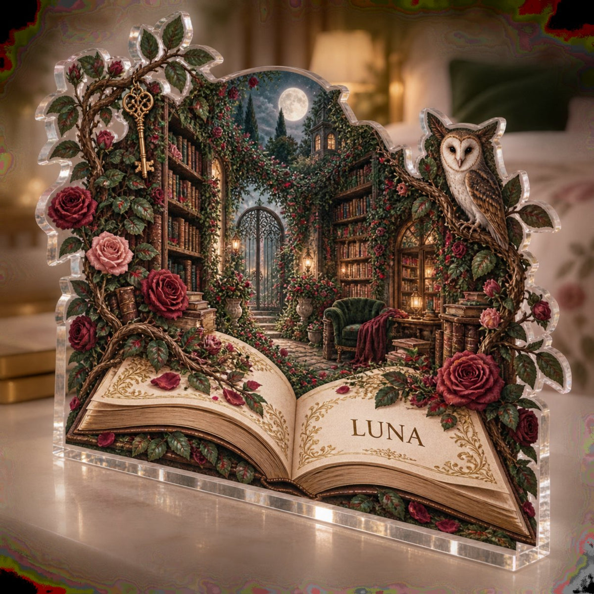 Personalized Secret Garden Library Bedroom Statement Decor custom shape acrylic plaque with an example name set into the artwork, digital preview