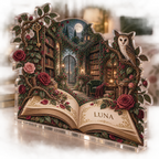 Artwork visualization: Secret garden library — bedroom statement decor, personalized LUNA, subject-shaped acrylic with printed optical 3D depth; not carved relief.