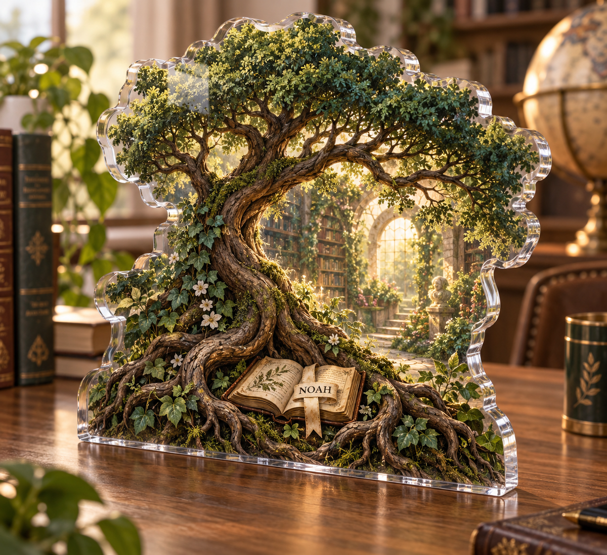 Artwork visualization: Secret garden library — home office backdrop, personalized NOAH, subject-shaped acrylic with printed optical 3D depth; not carved relief.