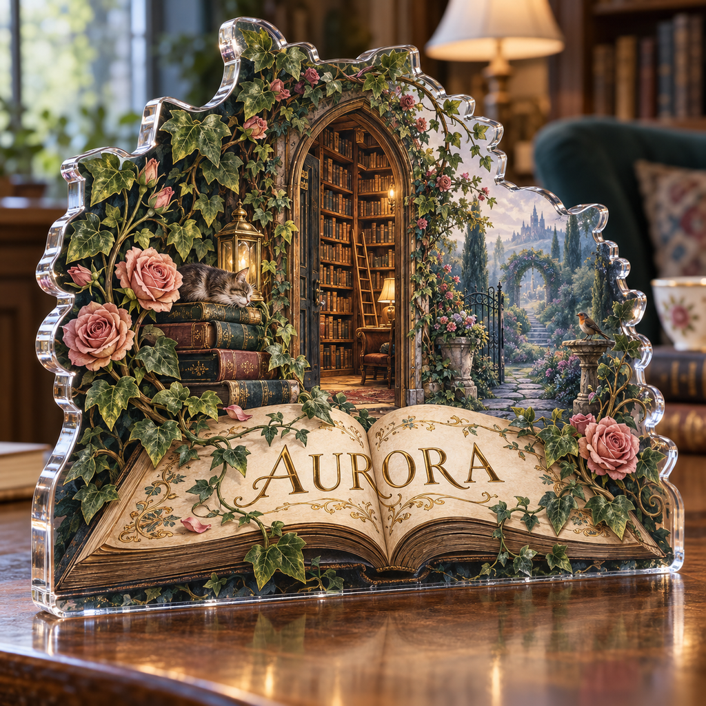 Artwork visualization: Secret garden library — personalized housewarming, personalized AURORA, subject-shaped acrylic with printed optical 3D depth; not carved relief.