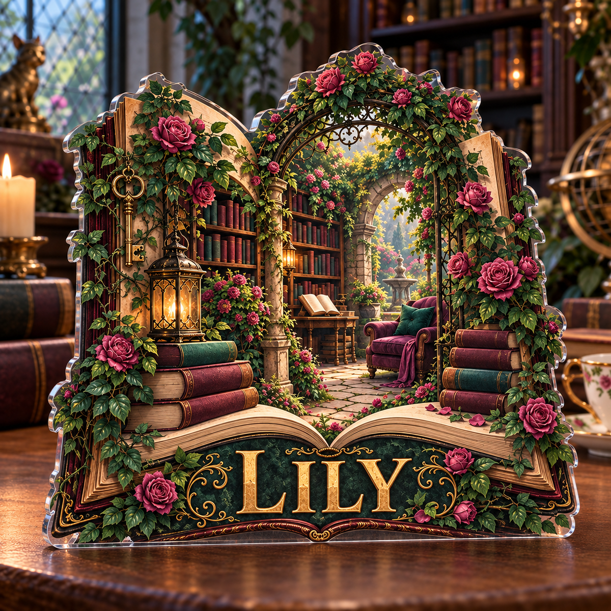 Artwork visualization: Secret garden library — collector birthday keepsake, personalized LILY, subject-shaped acrylic with printed optical 3D depth; not carved relief.