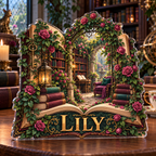 Artwork visualization: Secret garden library — collector birthday keepsake, personalized LILY, subject-shaped acrylic with printed optical 3D depth; not carved relief.