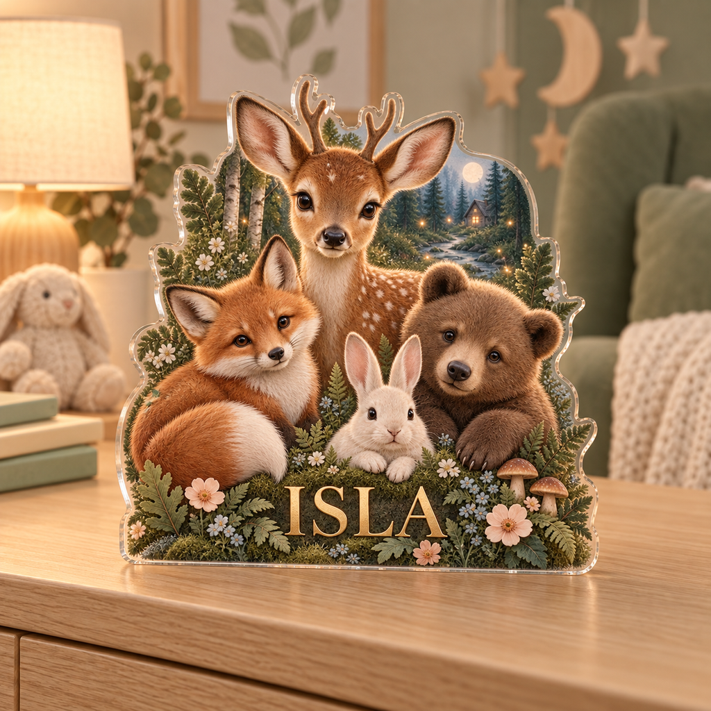 Artwork visualization: Woodland animal friends — nursery room decoration, personalized ISLA, subject-shaped acrylic with printed optical 3D depth; not carved relief.