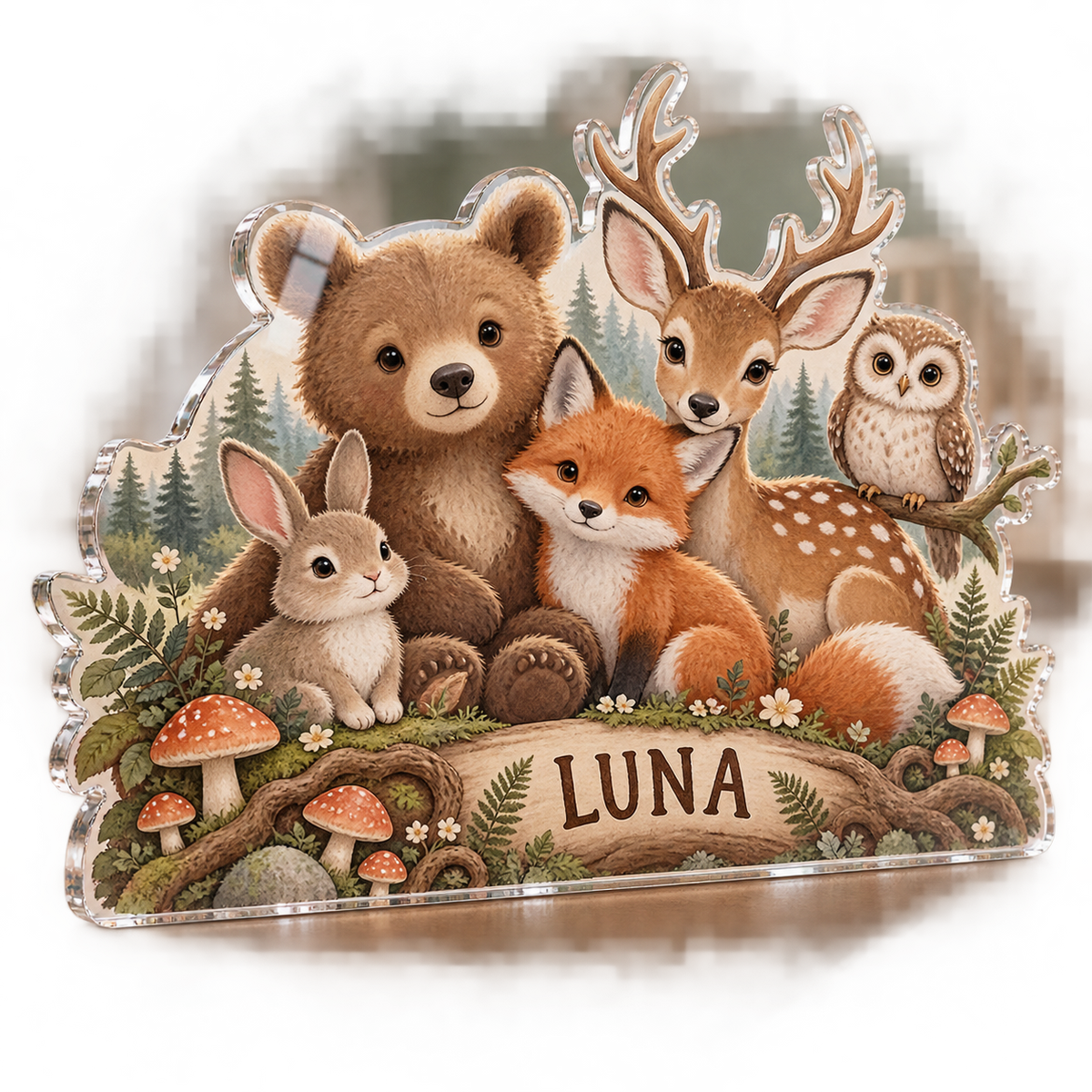 Artwork visualization: Woodland animal friends — personalized name wall, personalized LUNA, subject-shaped acrylic with printed optical 3D depth; not carved relief.
