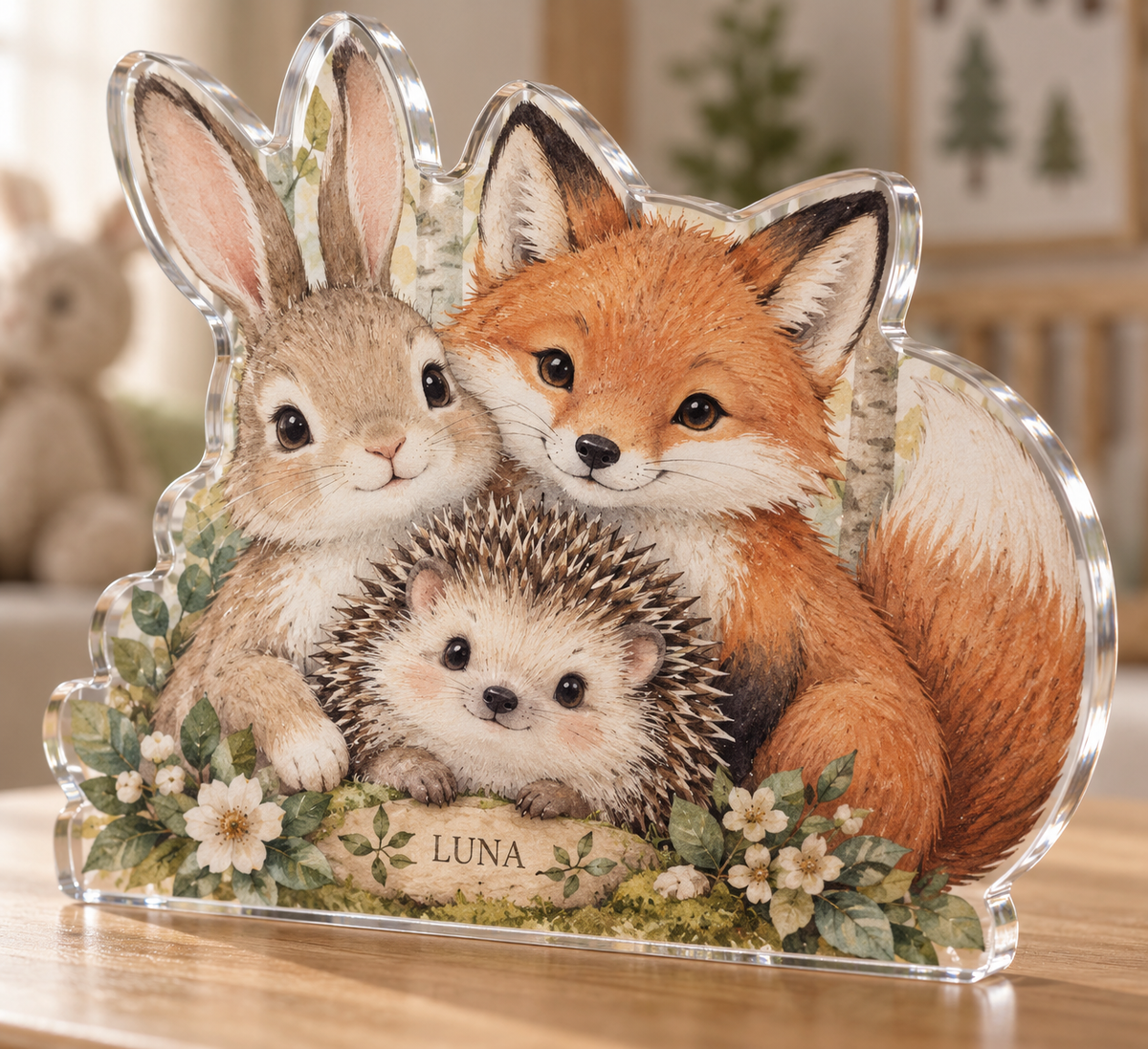 Artwork visualization: Woodland animal friends — first birthday room keepsake, personalized LUNA, subject-shaped acrylic with printed optical 3D depth; not carved relief.
