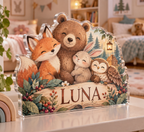 Artwork visualization: Woodland animal friends — sibling shared room, personalized LUNA, subject-shaped acrylic with printed optical 3D depth; not carved relief.