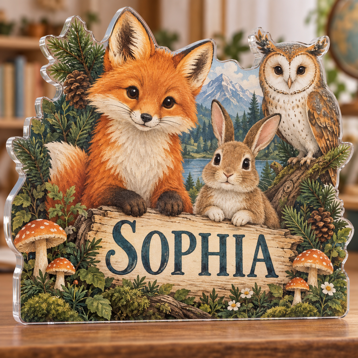 Artwork visualization: Woodland animal friends — homeschool learning wall, personalized SOPHIA, subject-shaped acrylic with printed optical 3D depth; not carved relief.