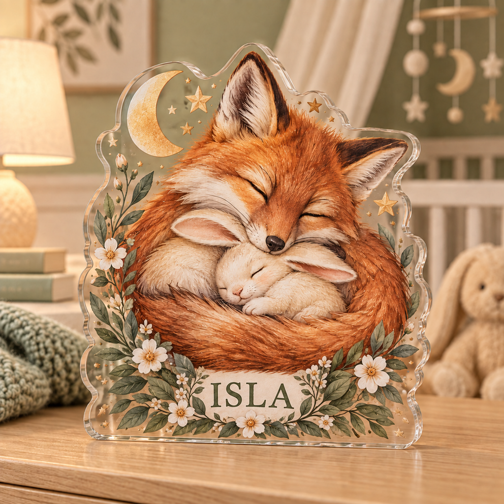 Artwork visualization: Sage fox and bunny — nursery room decoration, personalized ISLA, subject-shaped acrylic with printed optical 3D depth; not carved relief.