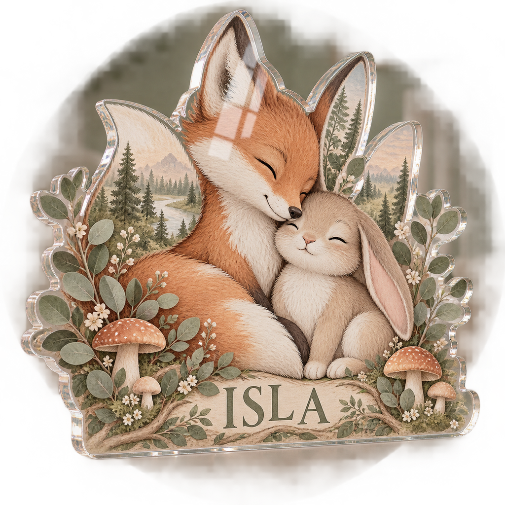 Artwork visualization: Sage fox and bunny — personalized name wall, personalized ISLA, subject-shaped acrylic with printed optical 3D depth; not carved relief.