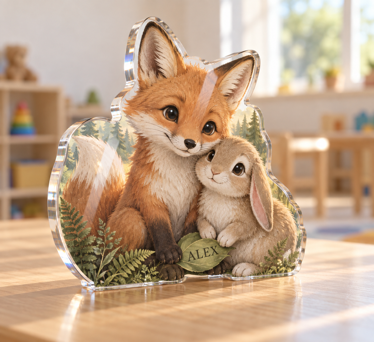 Artwork visualization: Sage fox and bunny — preschool classroom display, personalized ALEX, subject-shaped acrylic with printed optical 3D depth; not carved relief.
