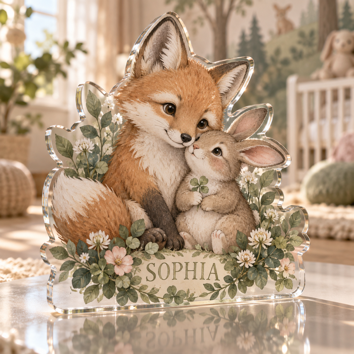 Artwork visualization: Sage fox and bunny — first birthday room keepsake, personalized SOPHIA, subject-shaped acrylic with printed optical 3D depth; not carved relief.