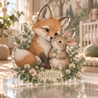 Artwork visualization: Sage fox and bunny — first birthday room keepsake, personalized SOPHIA, subject-shaped acrylic with printed optical 3D depth; not carved relief.