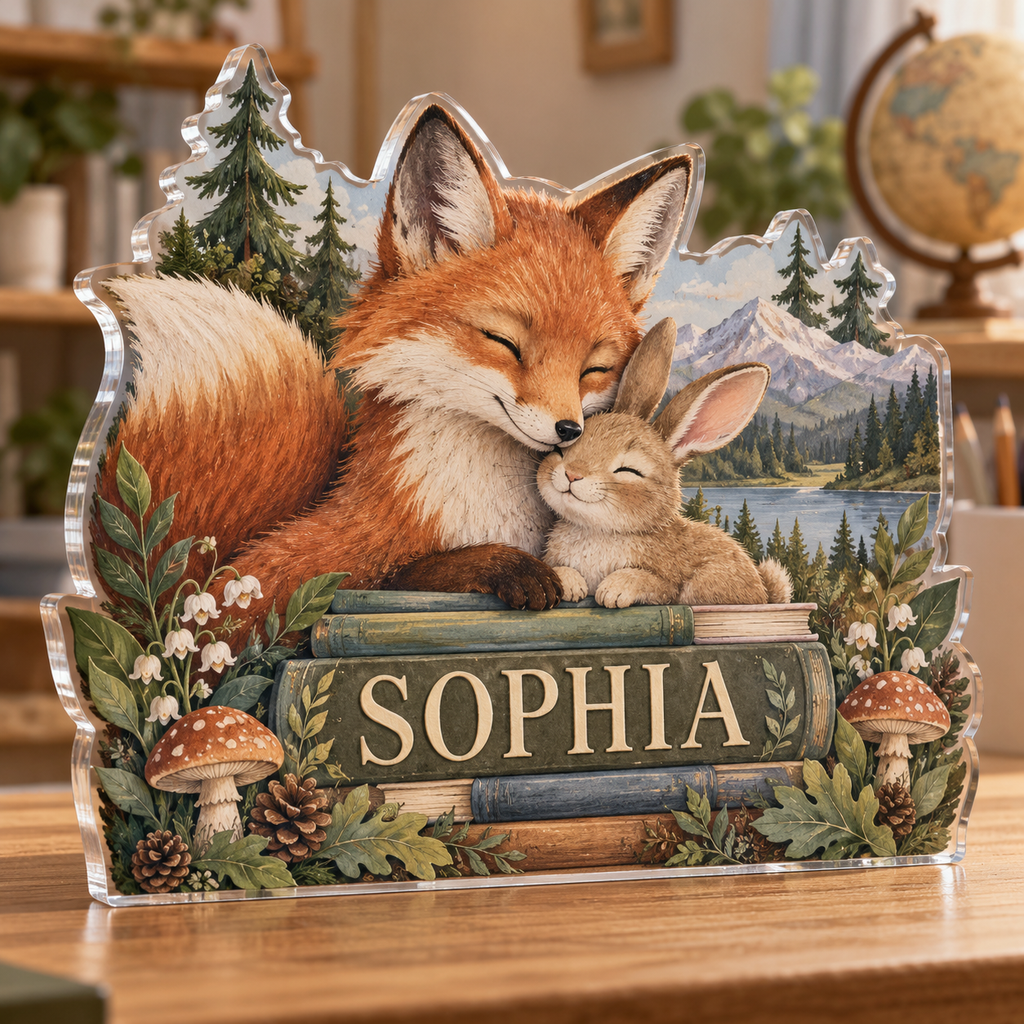 Artwork visualization: Sage fox and bunny — homeschool learning wall, personalized SOPHIA, subject-shaped acrylic with printed optical 3D depth; not carved relief.