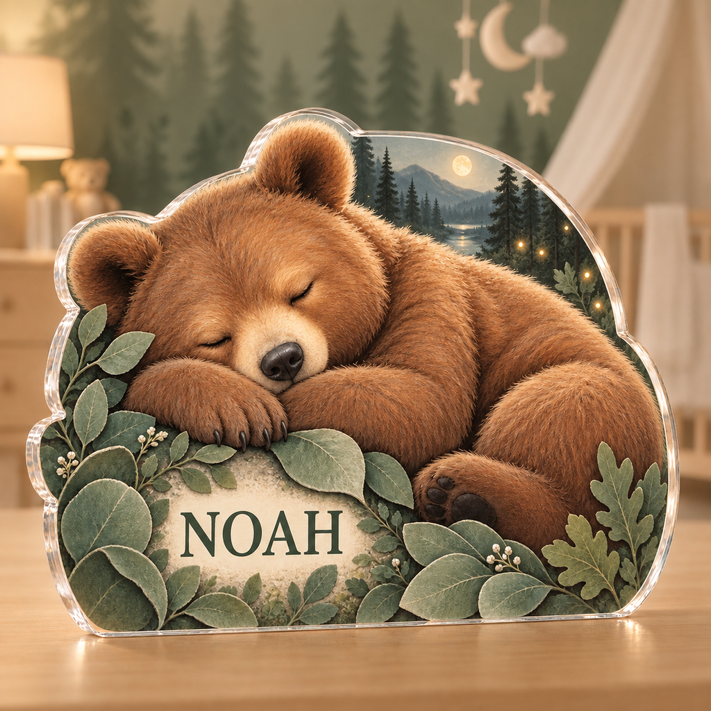 Artwork visualization: Sleeping bear leaves — nursery room decoration, personalized NOAH, subject-shaped acrylic with printed optical 3D depth; not carved relief.