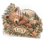 Artwork visualization: Sleeping bear leaves — personalized name wall, personalized LILY, subject-shaped acrylic with printed optical 3D depth; not carved relief.