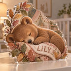Artwork visualization: Sleeping bear leaves — first birthday room keepsake, personalized LILY, subject-shaped acrylic with printed optical 3D depth; not carved relief.