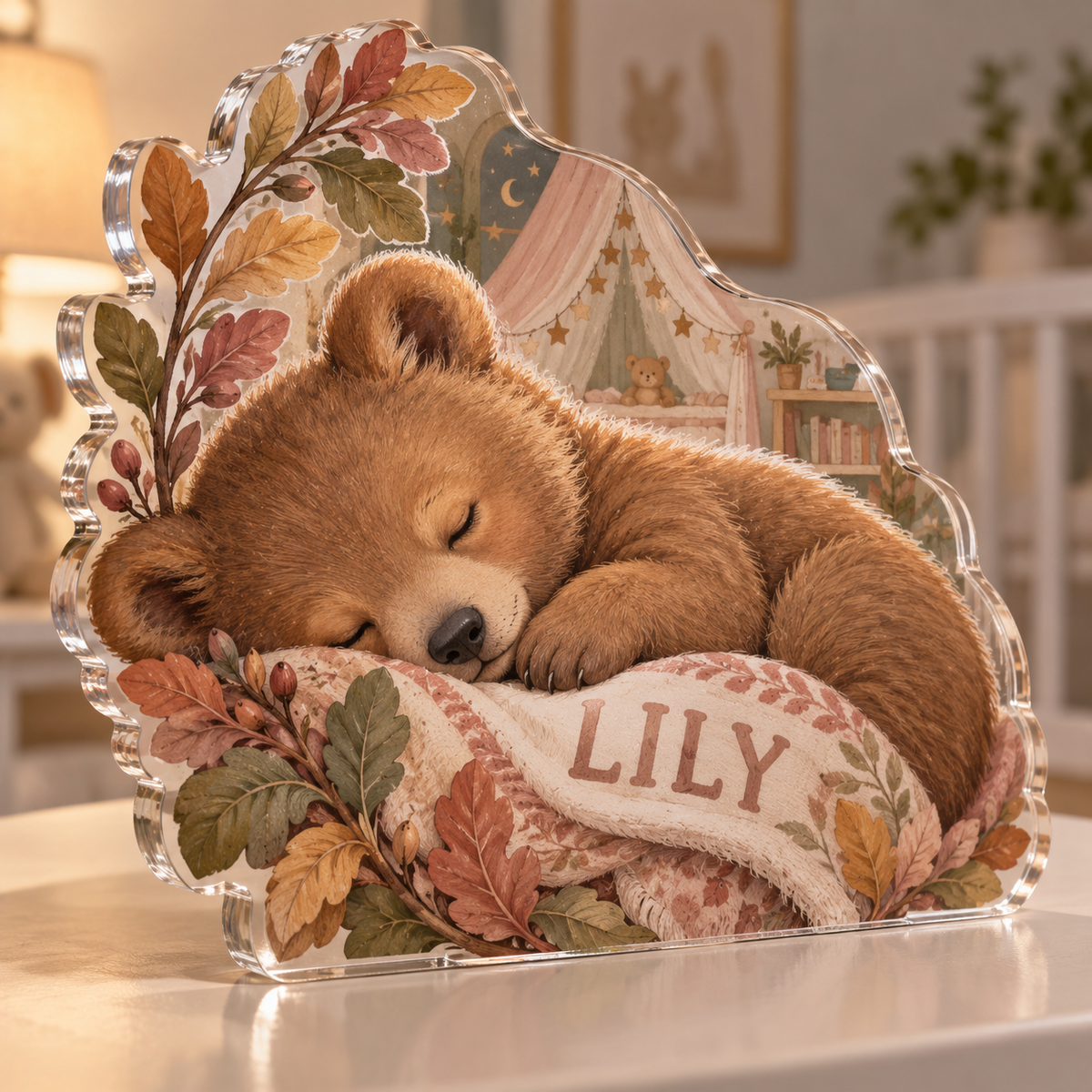 Artwork visualization: Sleeping bear leaves — first birthday room keepsake, personalized LILY, subject-shaped acrylic with printed optical 3D depth; not carved relief.