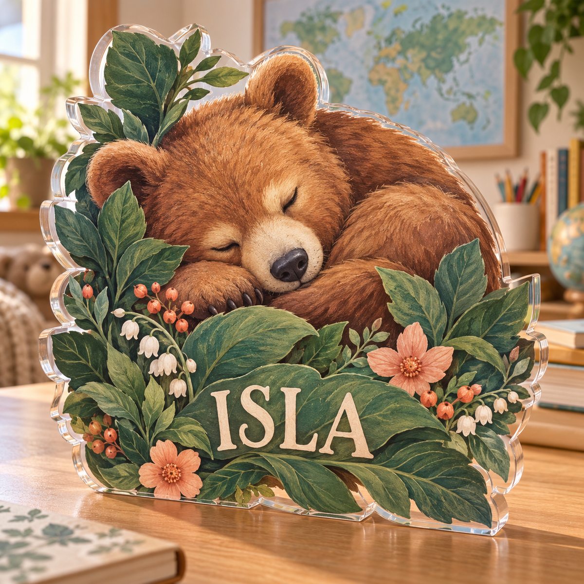 Artwork visualization: Sleeping bear leaves — homeschool learning wall, personalized ISLA, subject-shaped acrylic with printed optical 3D depth; not carved relief.