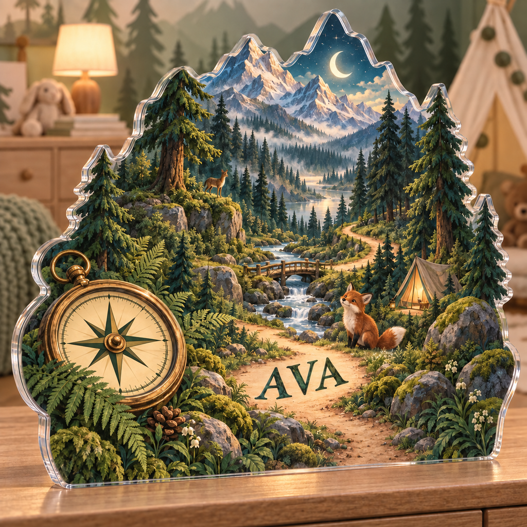 Artwork visualization: Forest adventure map — nursery room decoration, personalized AVA, subject-shaped acrylic with printed optical 3D depth; not carved relief.