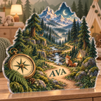 Artwork visualization: Forest adventure map — nursery room decoration, personalized AVA, subject-shaped acrylic with printed optical 3D depth; not carved relief.
