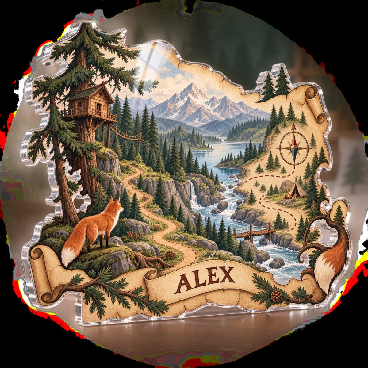 Personalized Forest Adventure Map Name Wall custom shape acrylic plaque with an example name set into the artwork, digital preview