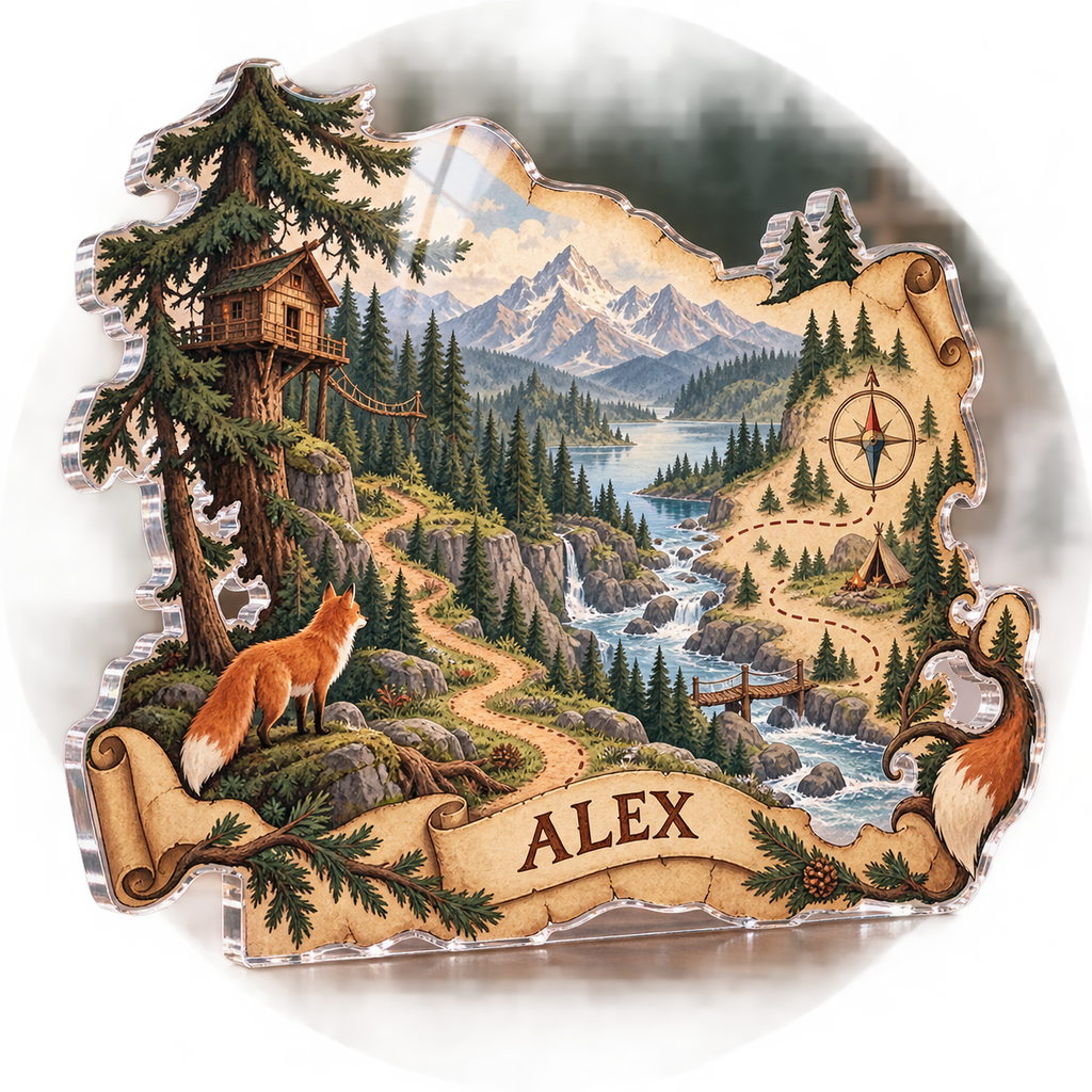 Artwork visualization: Forest adventure map — personalized name wall, personalized ALEX, subject-shaped acrylic with printed optical 3D depth; not carved relief.