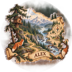 Artwork visualization: Forest adventure map — personalized name wall, personalized ALEX, subject-shaped acrylic with printed optical 3D depth; not carved relief.