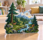 Artwork visualization: Forest adventure map — preschool classroom display, personalized LUNA, subject-shaped acrylic with printed optical 3D depth; not carved relief.