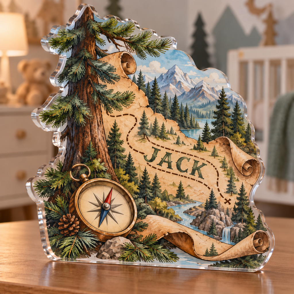 Artwork visualization: Forest adventure map — first birthday room keepsake, personalized JACK, subject-shaped acrylic with printed optical 3D depth; not carved relief.