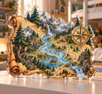 Artwork visualization: Forest adventure map — sibling shared room, personalized AURORA, subject-shaped acrylic with printed optical 3D depth; not carved relief.