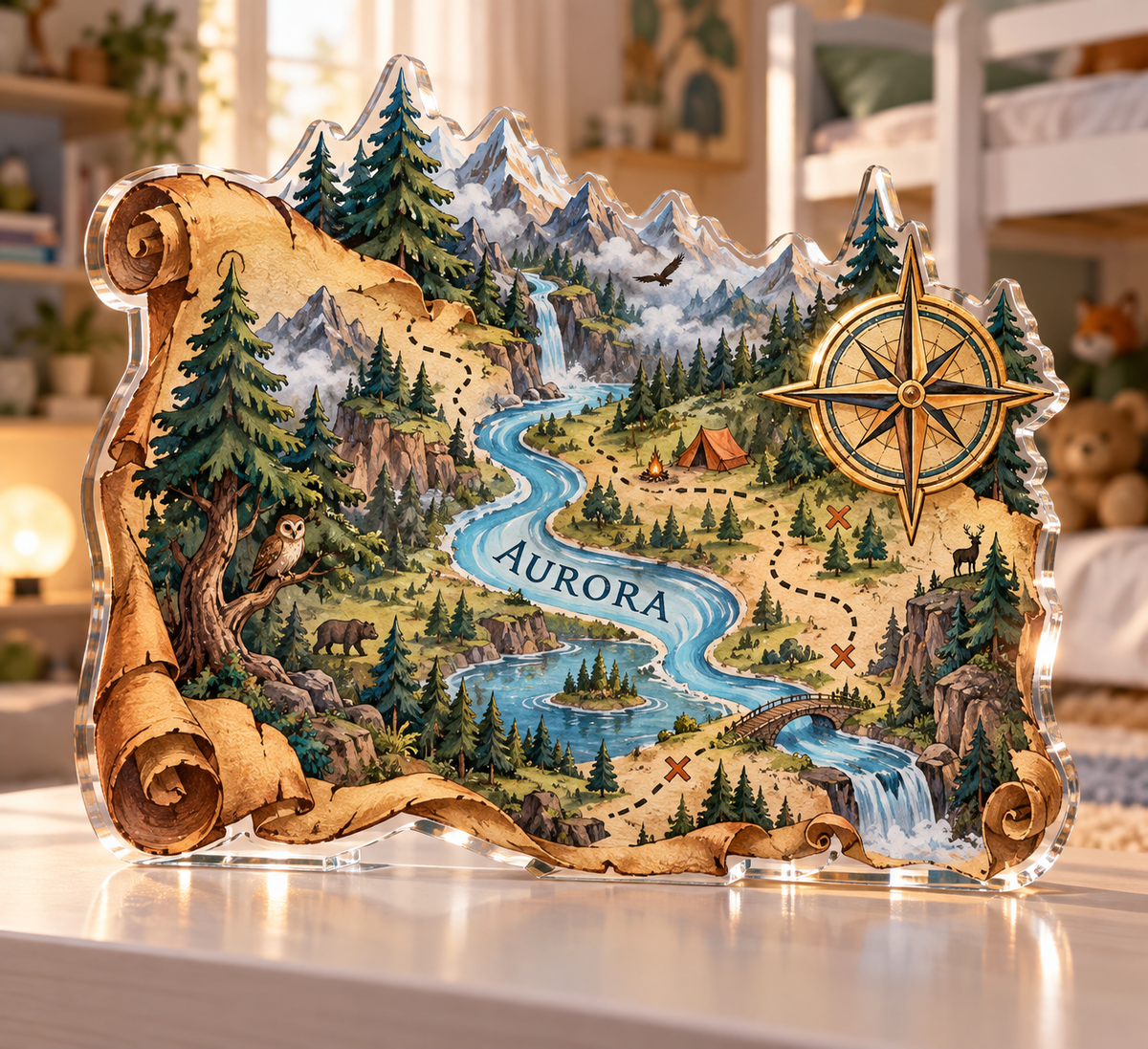 Artwork visualization: Forest adventure map — sibling shared room, personalized AURORA, subject-shaped acrylic with printed optical 3D depth; not carved relief.