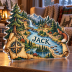 Artwork visualization: Forest adventure map — grandparent storytime corner, personalized JACK, subject-shaped acrylic with printed optical 3D depth; not carved relief.