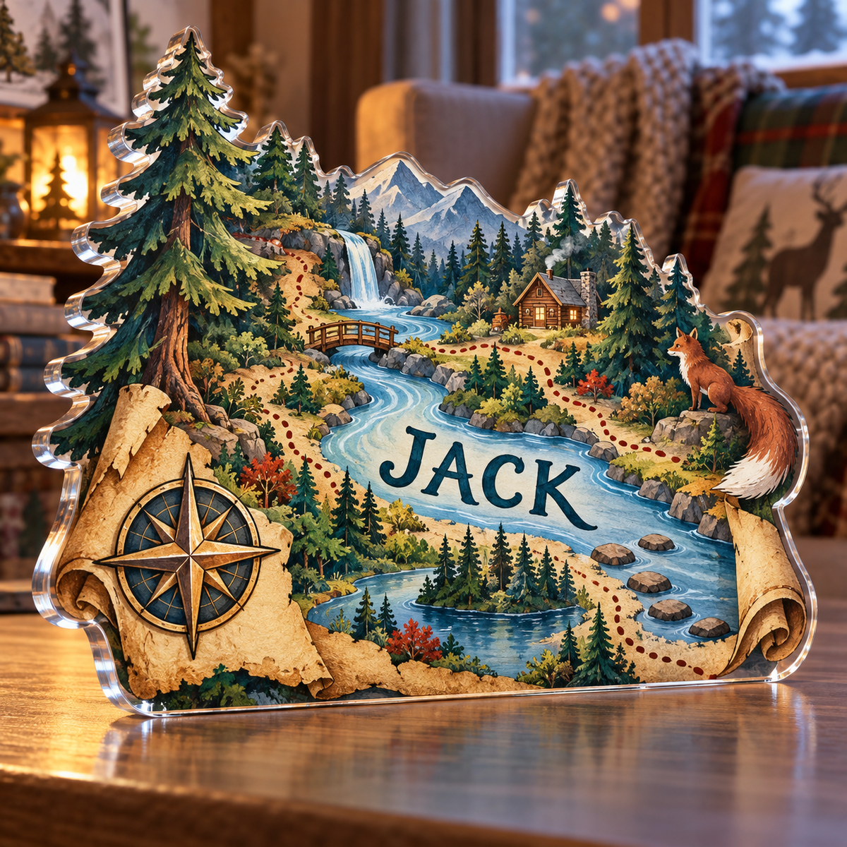 Artwork visualization: Forest adventure map — grandparent storytime corner, personalized JACK, subject-shaped acrylic with printed optical 3D depth; not carved relief.