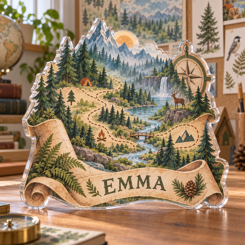 Artwork visualization: Forest adventure map — homeschool learning wall, personalized EMMA, subject-shaped acrylic with printed optical 3D depth; not carved relief.