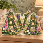Artwork visualization: Alphabet garden — nursery room decoration, personalized AVA, subject-shaped acrylic with printed optical 3D depth; not carved relief.