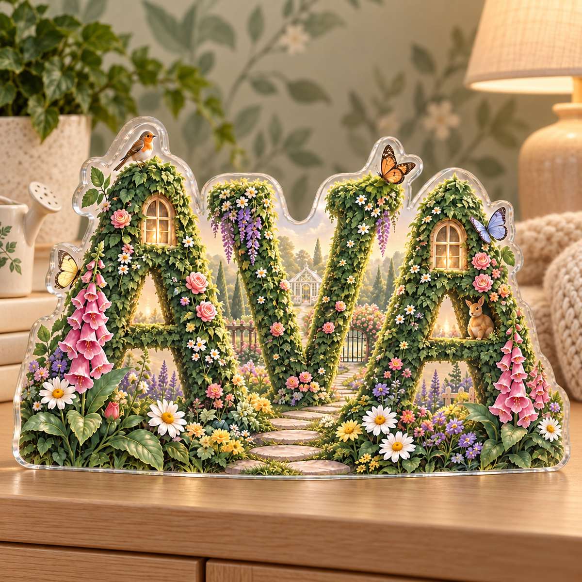 Artwork visualization: Alphabet garden — nursery room decoration, personalized AVA, subject-shaped acrylic with printed optical 3D depth; not carved relief.