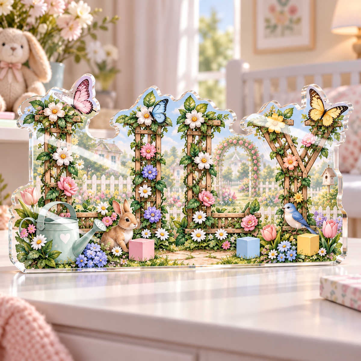 Artwork visualization: Alphabet garden — first birthday room keepsake, personalized LILY, subject-shaped acrylic with printed optical 3D depth; not carved relief.