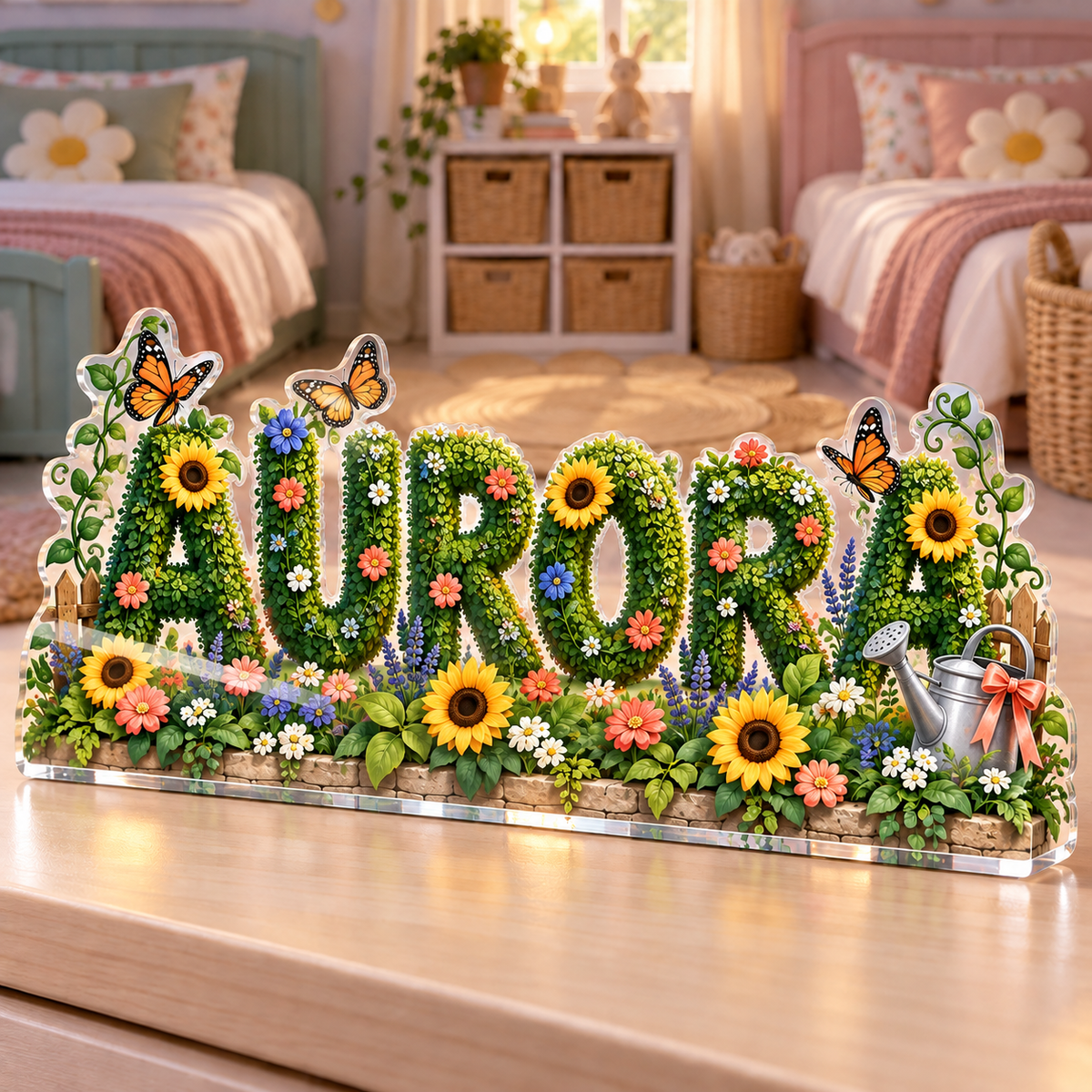 Artwork visualization: Alphabet garden — sibling shared room, personalized AURORA, subject-shaped acrylic with printed optical 3D depth; not carved relief.