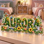 Artwork visualization: Alphabet garden — sibling shared room, personalized AURORA, subject-shaped acrylic with printed optical 3D depth; not carved relief.