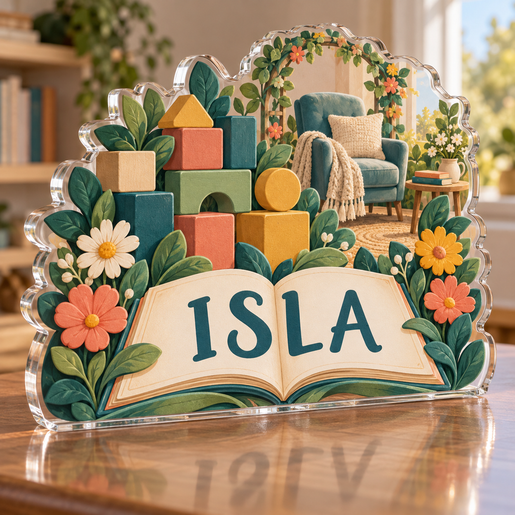 Artwork visualization: Alphabet garden — grandparent storytime corner, personalized ISLA, subject-shaped acrylic with printed optical 3D depth; not carved relief.