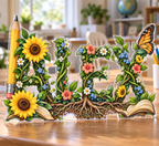 Artwork visualization: Alphabet garden — homeschool learning wall, personalized ALEX, subject-shaped acrylic with printed optical 3D depth; not carved relief.