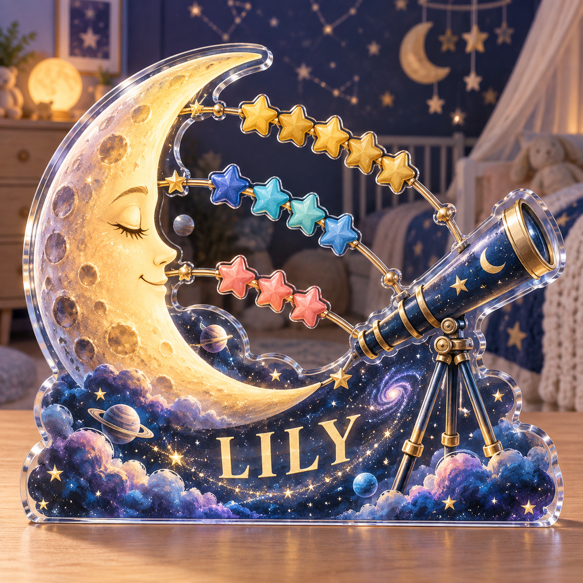 Artwork visualization: Number constellation — nursery room decoration, personalized LILY, subject-shaped acrylic with printed optical 3D depth; not carved relief.