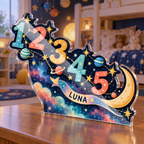 Artwork visualization: Number constellation — sibling shared room, personalized LUNA, subject-shaped acrylic with printed optical 3D depth; not carved relief.