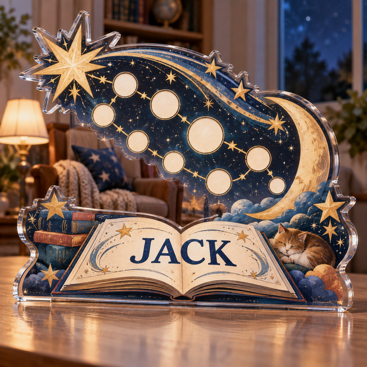 Artwork visualization: Number constellation — grandparent storytime corner, personalized JACK, subject-shaped acrylic with printed optical 3D depth; not carved relief.