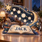 Artwork visualization: Number constellation — grandparent storytime corner, personalized JACK, subject-shaped acrylic with printed optical 3D depth; not carved relief.